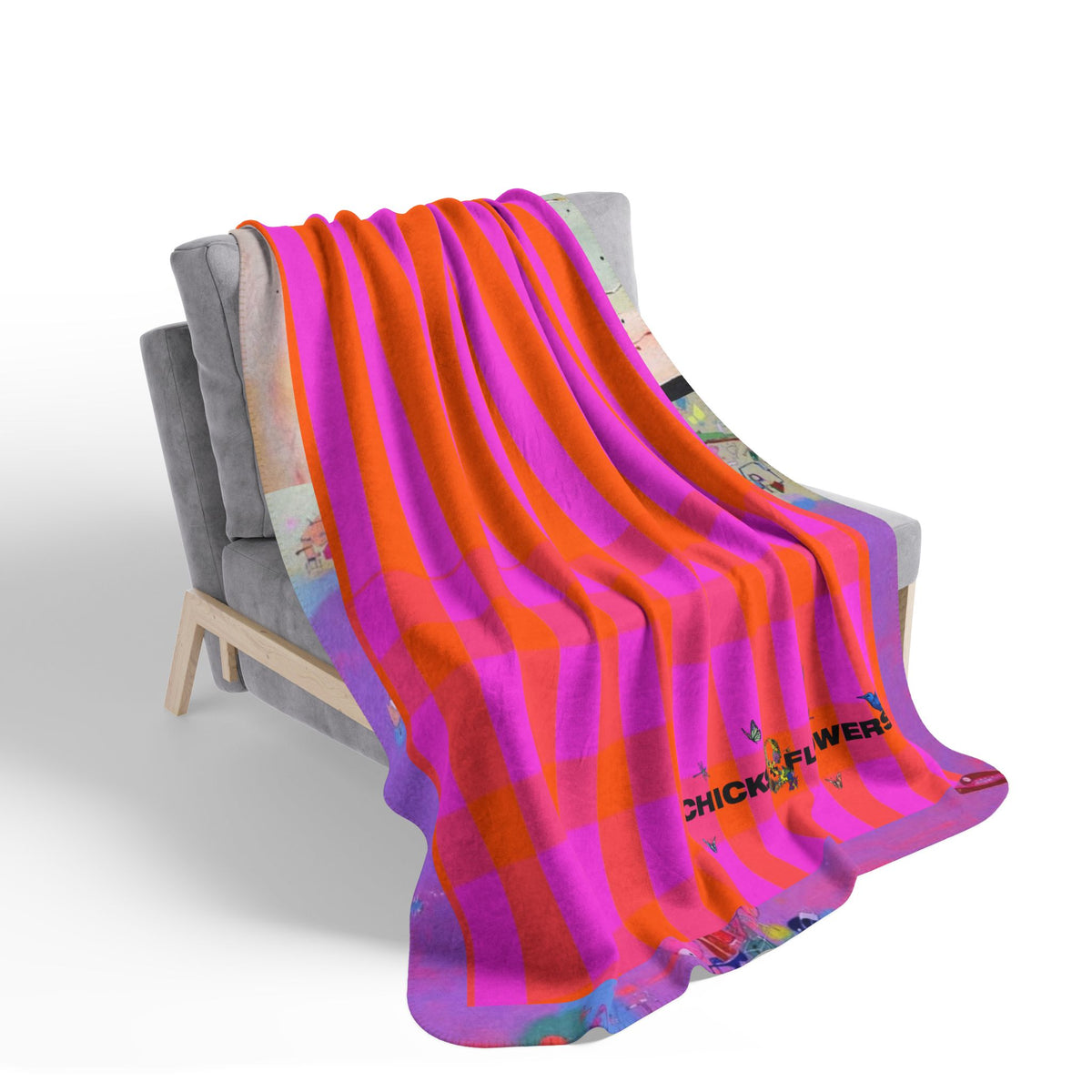 Sherpa Blanket β Neon Pink Orange Striped Fleece (Chicks & Flowers)