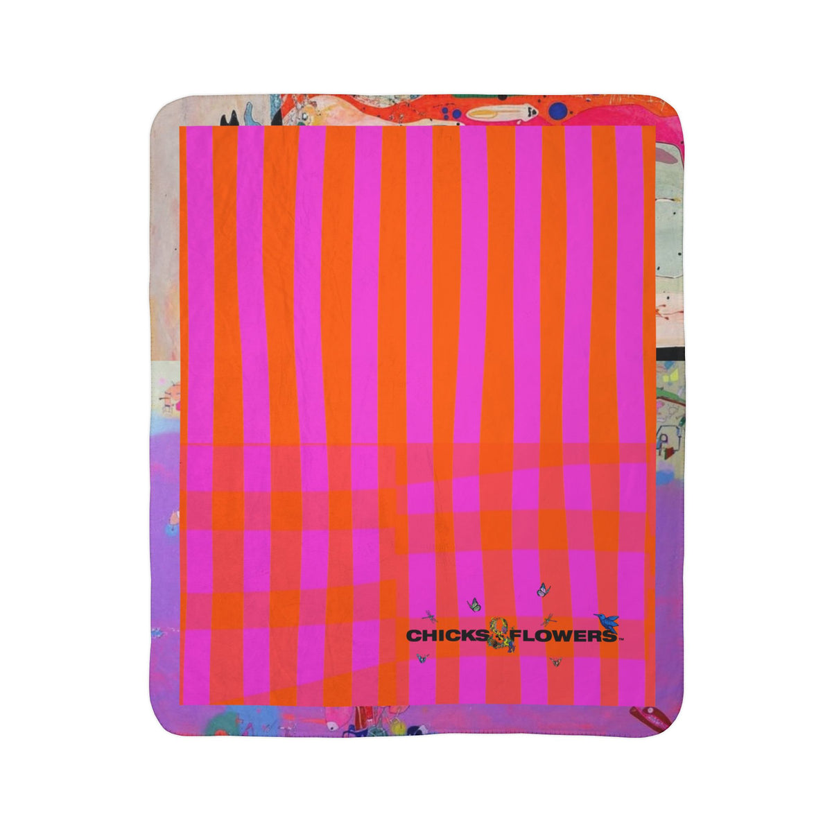 Sherpa Blanket — Neon Pink Orange Striped Fleece (Chicks & Flowers)