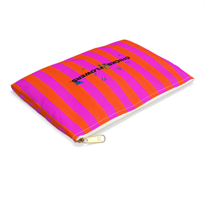 Bold Pink & Orange Striped Accessory Pouch — "Chicks & Flowers" Cosmetic Bag