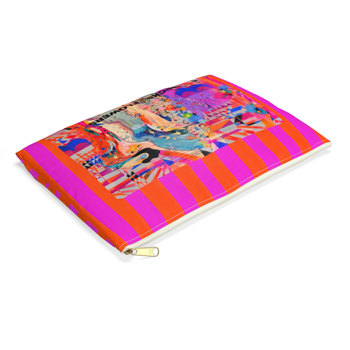 Copy of Bold Pink & Orange Striped Accessory Pouch — "Chicks & Flowers" Cosmetic Bag