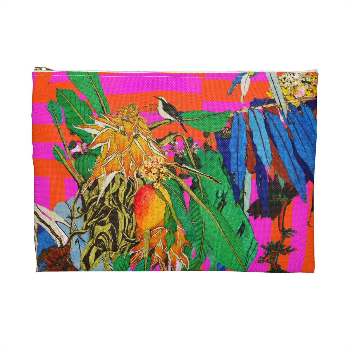 Copy of Copy of Bold Pink & Orange Striped Accessory Pouch — "Chicks & Flowers" Cosmetic Bag