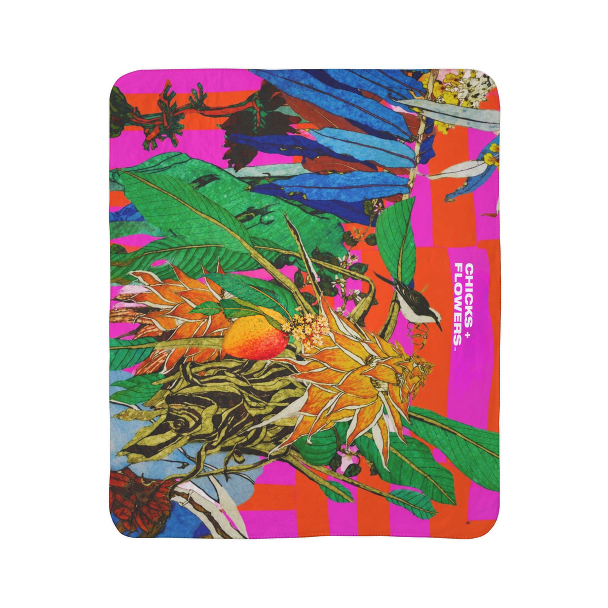 Glow Flower Sherpa Blanket — Neon Pink Orange Striped Fleece (Chicks & Flowers)