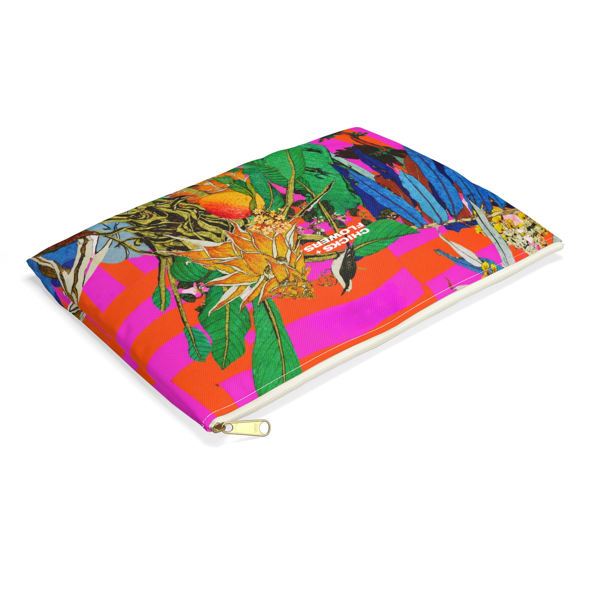 Copy of Copy of Bold Pink & Orange Striped Accessory Pouch — "Chicks & Flowers" Cosmetic Bag