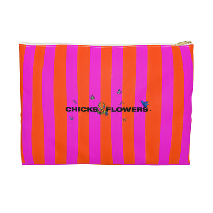 Bold Pink & Orange Striped Accessory Pouch — "Chicks & Flowers" Cosmetic Bag