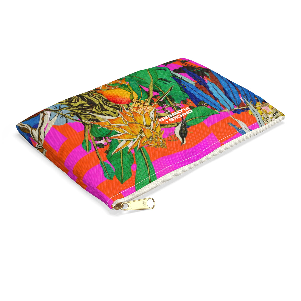 Copy of Copy of Bold Pink & Orange Striped Accessory Pouch — "Chicks & Flowers" Cosmetic Bag