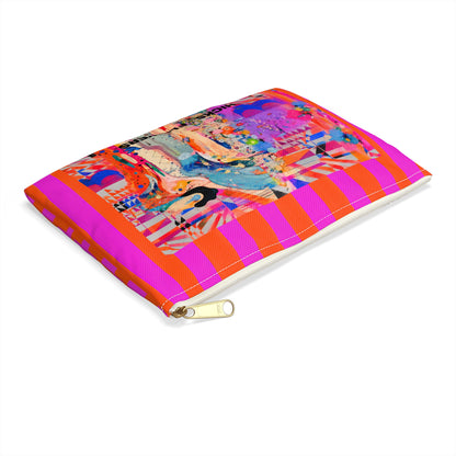 Copy of Bold Pink & Orange Striped Accessory Pouch — "Chicks & Flowers" Cosmetic Bag