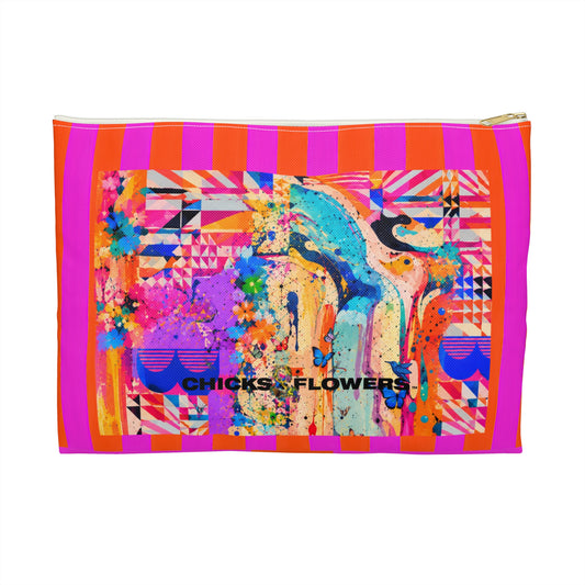 Glow Color Pink & Orange Striped Accessory Pouch — "Chicks & Flowers" Cosmetic Bag