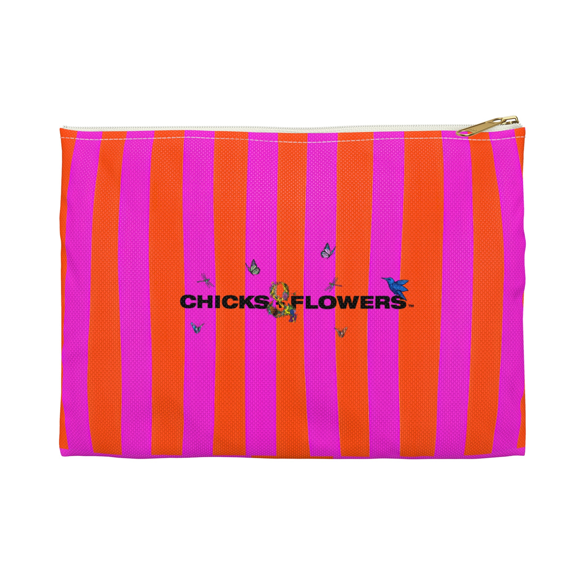Bold Pink & Orange Striped Accessory Pouch — "Chicks & Flowers" Cosmetic Bag