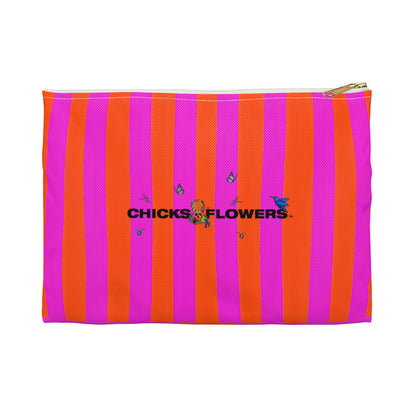 Bold Pink & Orange Striped Accessory Pouch — "Chicks & Flowers" Cosmetic Bag