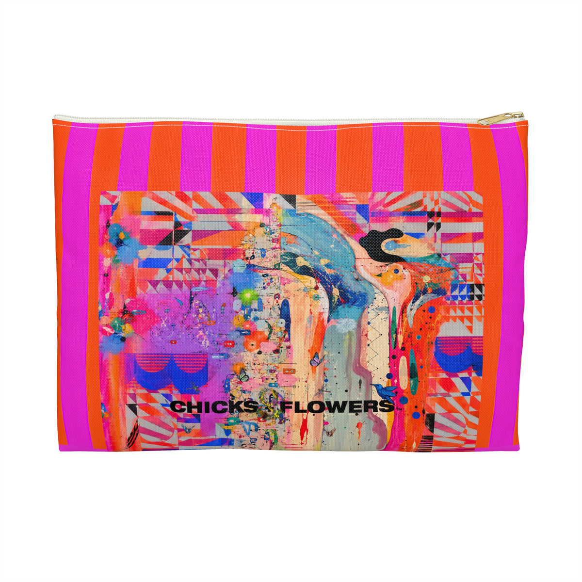 Copy of Bold Pink & Orange Striped Accessory Pouch — "Chicks & Flowers" Cosmetic Bag