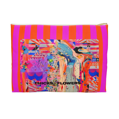 Copy of Bold Pink & Orange Striped Accessory Pouch — "Chicks & Flowers" Cosmetic Bag