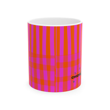 Pink & Orange Plaid Ceramic Mug — Bold Retro Striped Coffee Cup (11oz, 15oz)