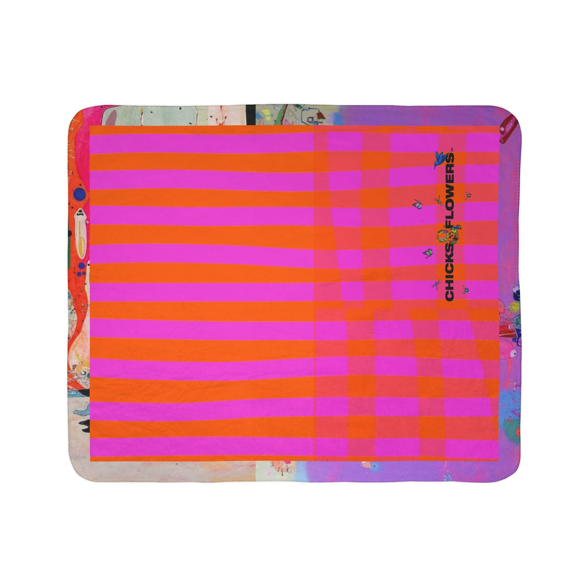 Sherpa Blanket — Neon Pink Orange Striped Fleece (Chicks & Flowers)
