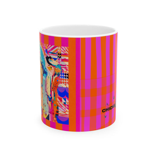 Glow Pink & Orange Plaid/ Color Ceramic Mug — Bold Retro Striped Coffee Cup (11oz, 15oz)