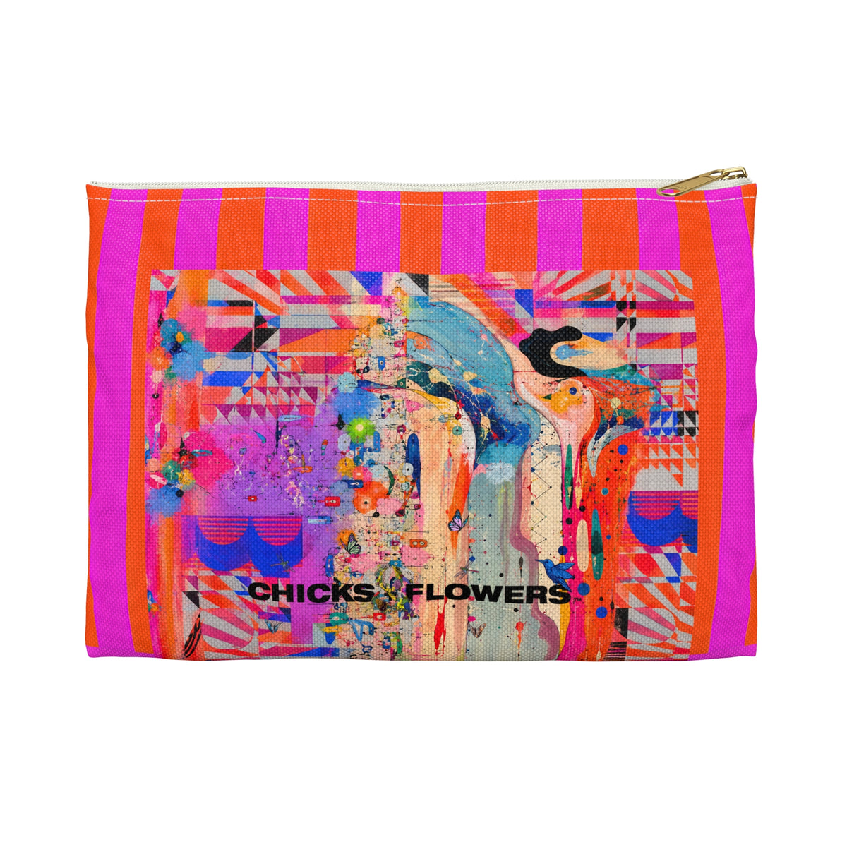 Copy of Bold Pink & Orange Striped Accessory Pouch — "Chicks & Flowers" Cosmetic Bag