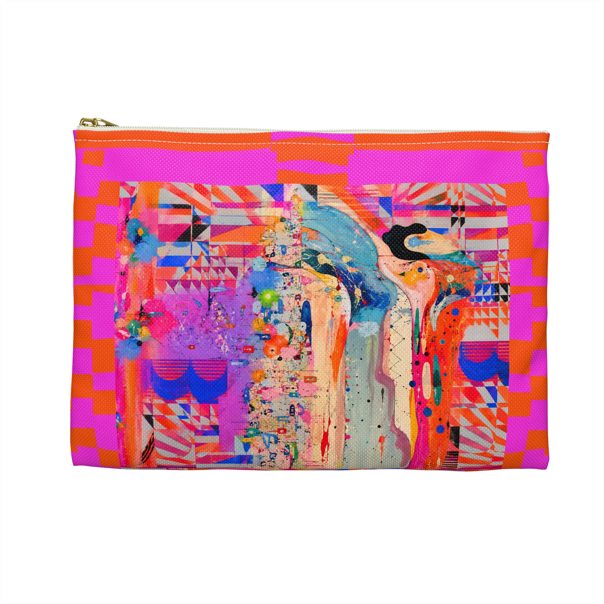 Copy of Bold Pink & Orange Striped Accessory Pouch — "Chicks & Flowers" Cosmetic Bag