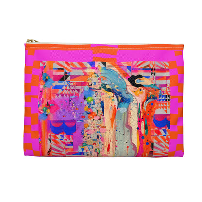 Copy of Bold Pink & Orange Striped Accessory Pouch — "Chicks & Flowers" Cosmetic Bag