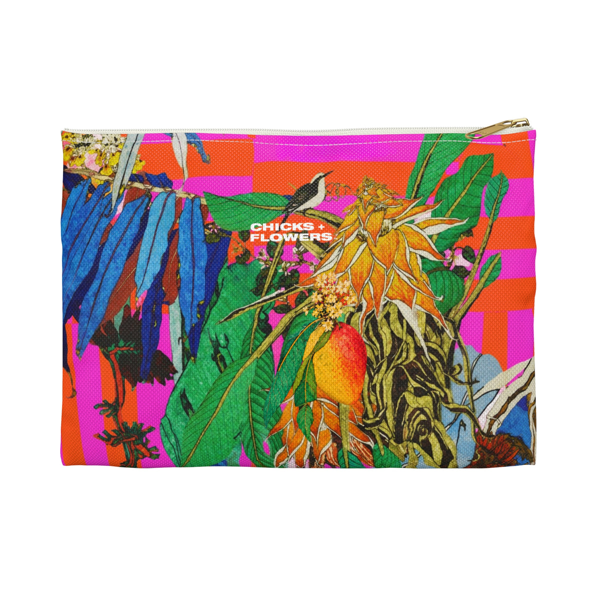 Copy of Copy of Bold Pink & Orange Striped Accessory Pouch — "Chicks & Flowers" Cosmetic Bag