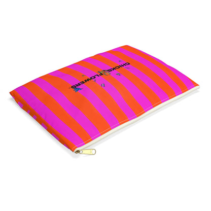 Bold Pink & Orange Striped Accessory Pouch — "Chicks & Flowers" Cosmetic Bag