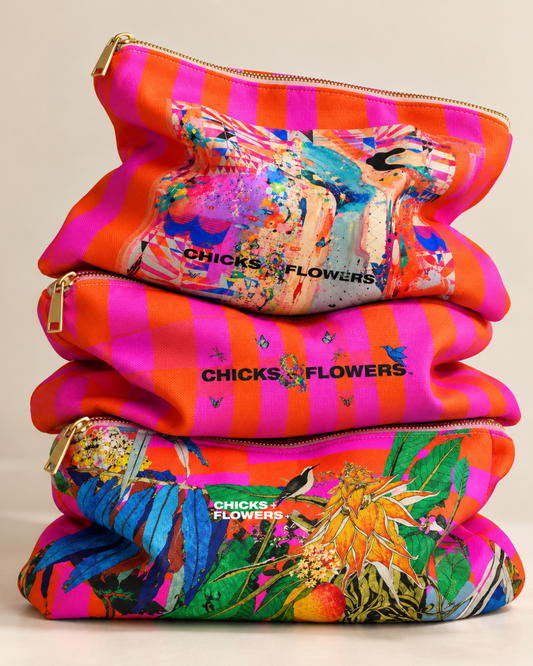 Glow Color Pink & Orange Striped Accessory Pouch — "Chicks & Flowers" Cosmetic Bag